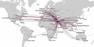 Qatar airways trase, mapa evropy